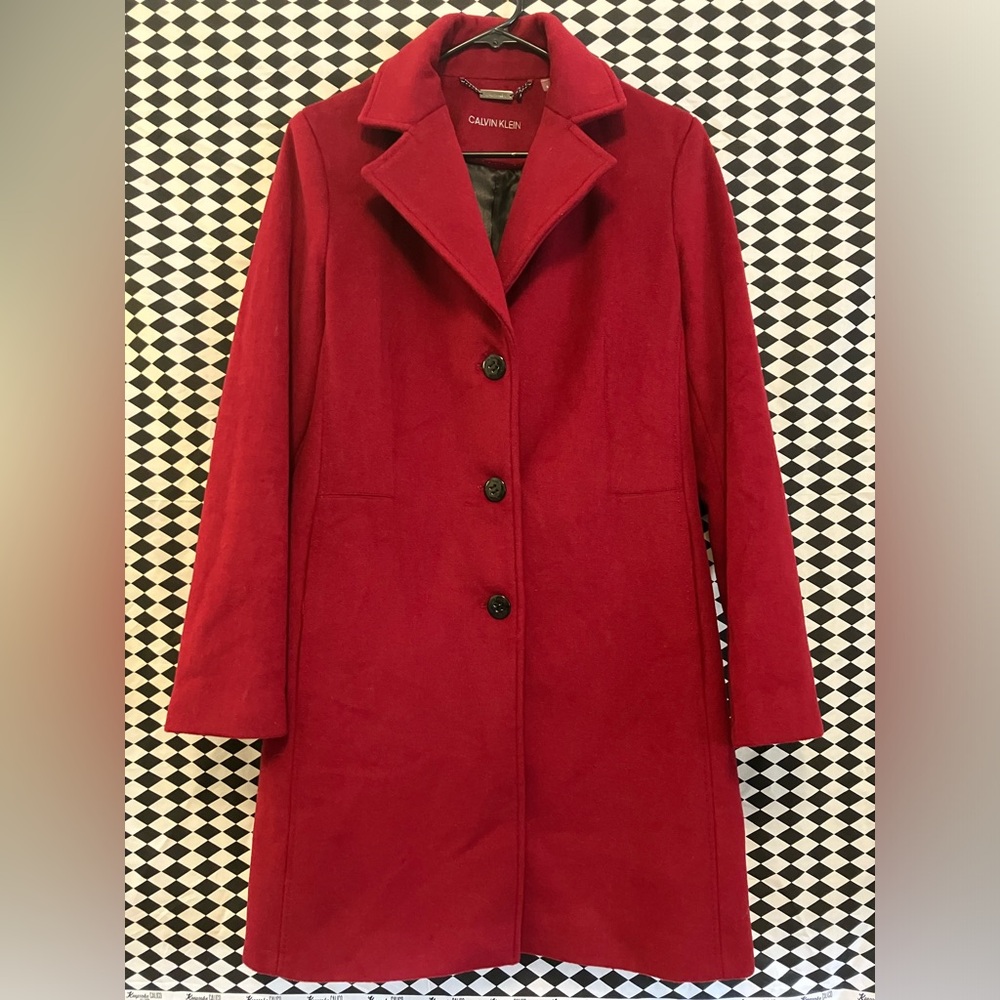Calvin Klein Single Breasted Cashmere Wool Blend Reefer Coat Red Size 6